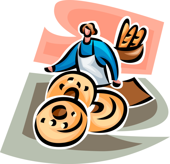 Vector Illustration of Baker with Fresh Baked Bread and Bagel in Bakery