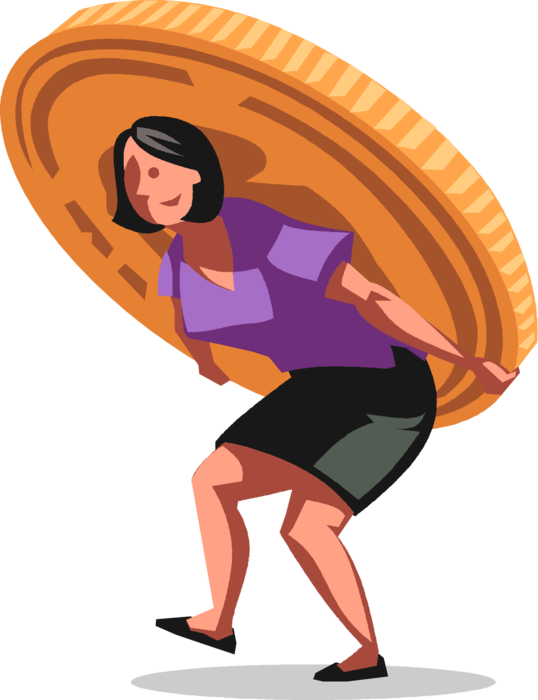 Vector Illustration of Businesswoman Carries Financial Money Coin on Back