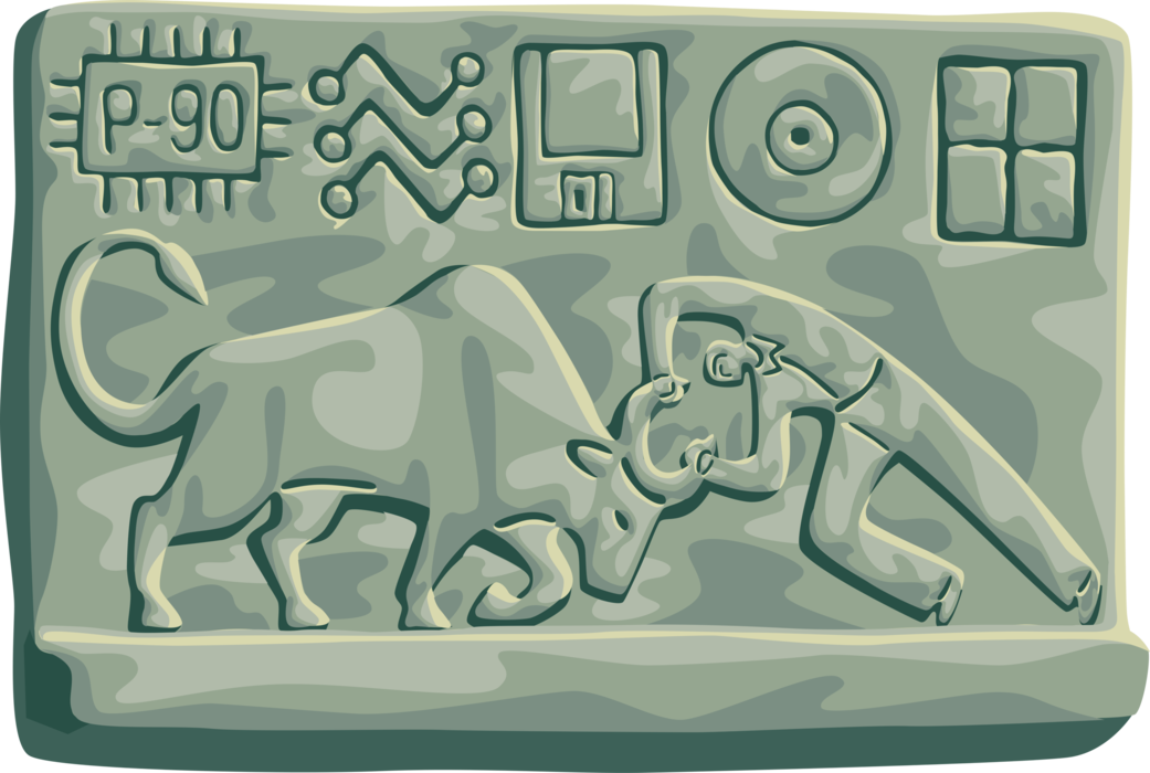 Vector Illustration of Digital Information Technology in Wall Street Bull Market with Egyptian Hieroglyph Symbols