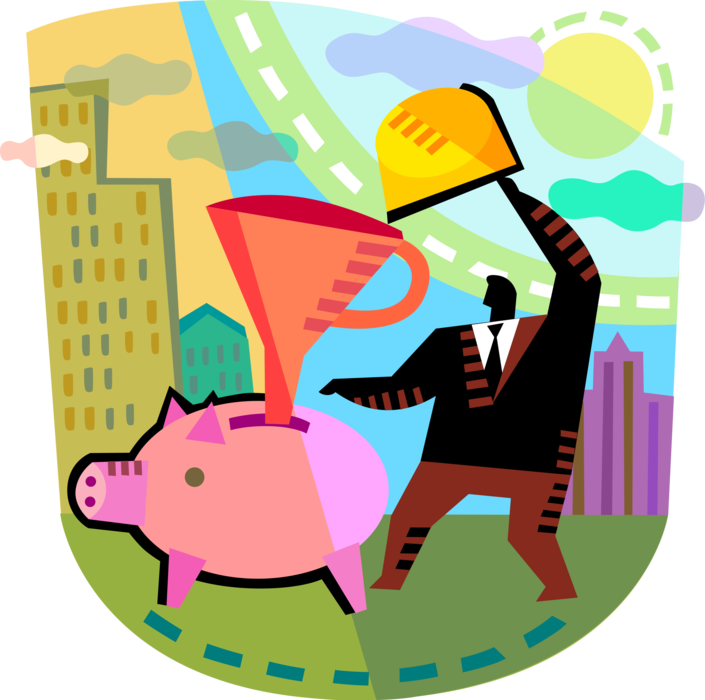 Vector Illustration of Businessman Funnels Financial Cash Money Investment Savings Funds into Piggy Bank