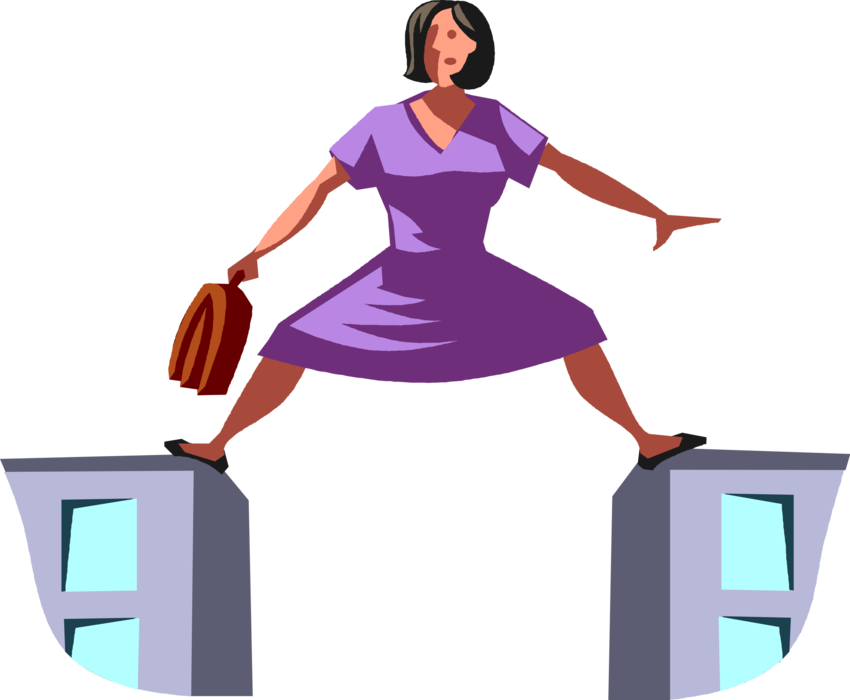 Vector Illustration of Businesswoman in Precarious Situation Does Splits Balancing Between Office Tower Buildings