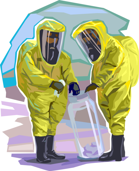 Vector Illustration of Homeland Security Personnel in Hazmat Toxic Chemical Suits Secure Contaminated Material