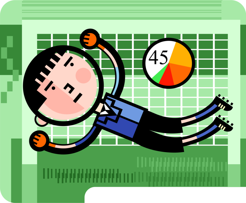 Vector Illustration of Businessman Soccer Football Player Goalie Goal Keeper Defends Net Against Pie Chart Ball Scoring