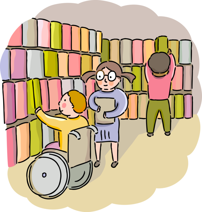 Vector Illustration of Handicapped Academic Student in Disabled Wheelchair with Books in Library