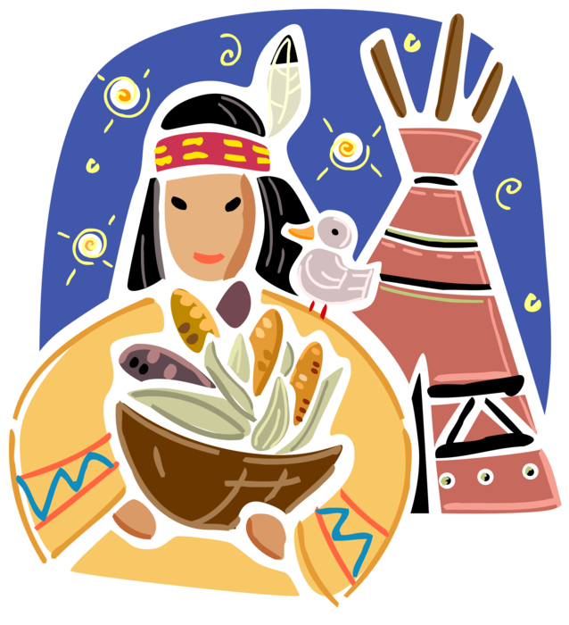 Vector Illustration of North American Indigenous Indian with Bowl of Harvest Maize Corn and Tee Pee Tent