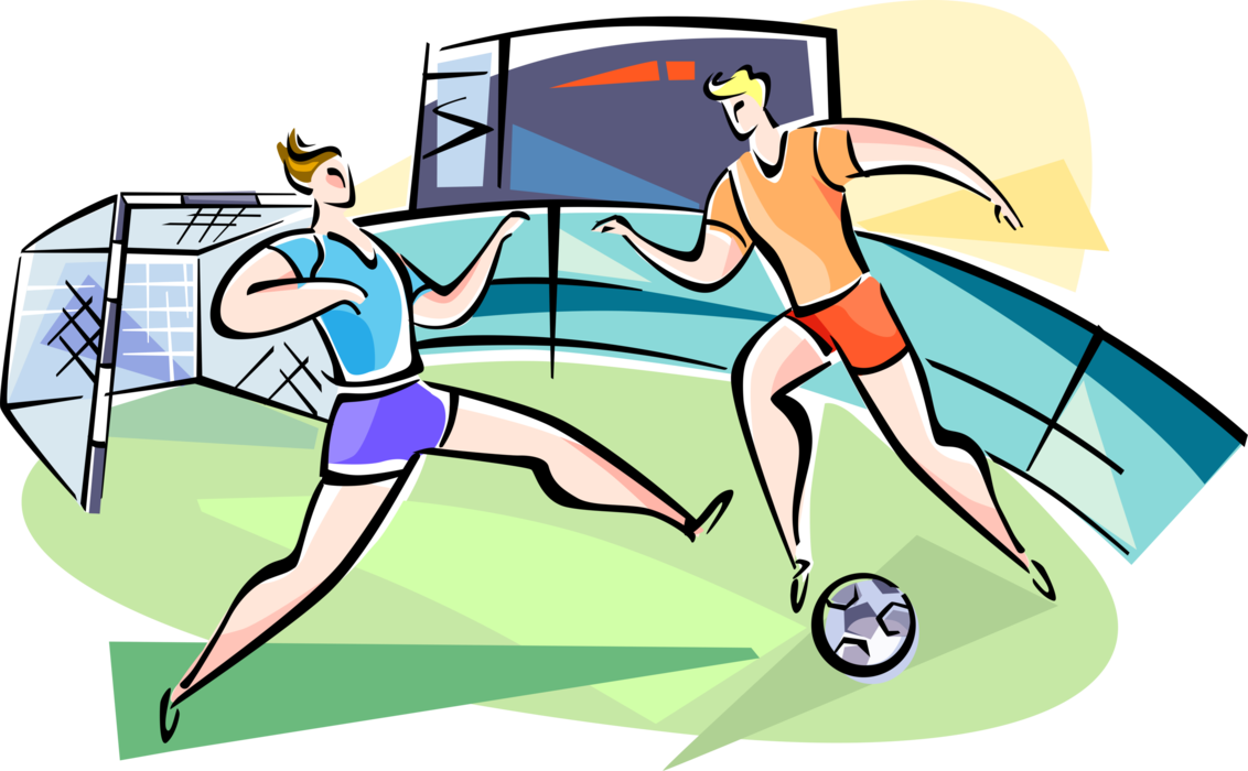 Vector Illustration of Sport of Soccer Football Players Compete with Ball on Pitch