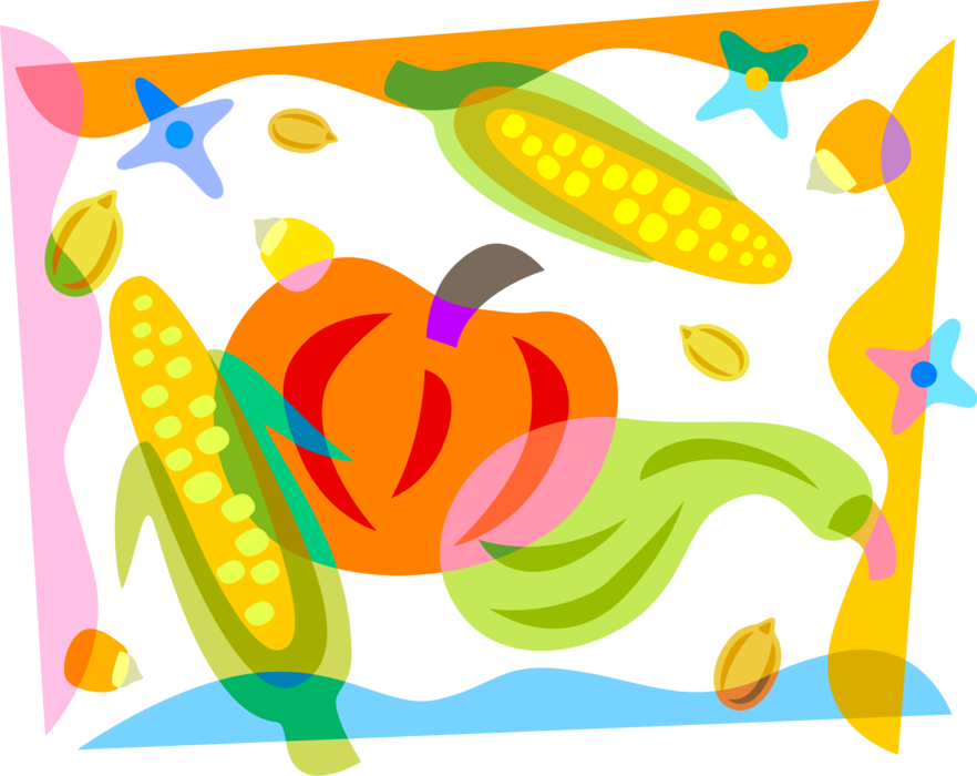 Vector Illustration of Fall or Autumn Harvest Pumpkin with Maize Corn Husks and Squash