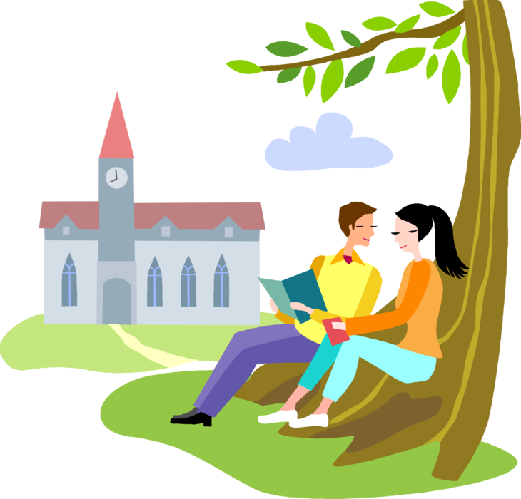 Vector Illustration of Academic Student Sweethearts Study Together Under Tree in Schoolyard with School Building