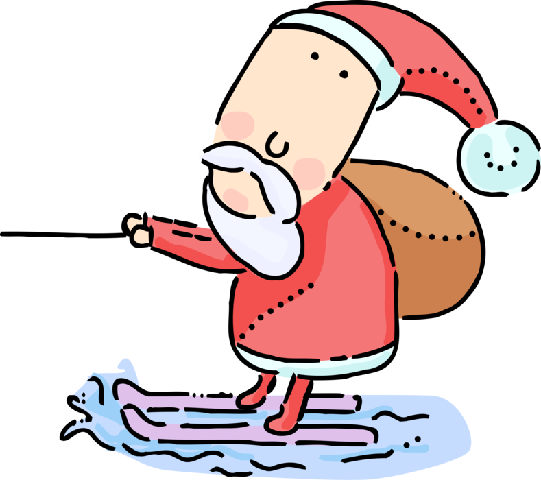 Vector Illustration of Santa Claus, Saint Nicholas, Saint Nick, Father Christmas, Kris Kringle Mythical Figure Rides Water Skis