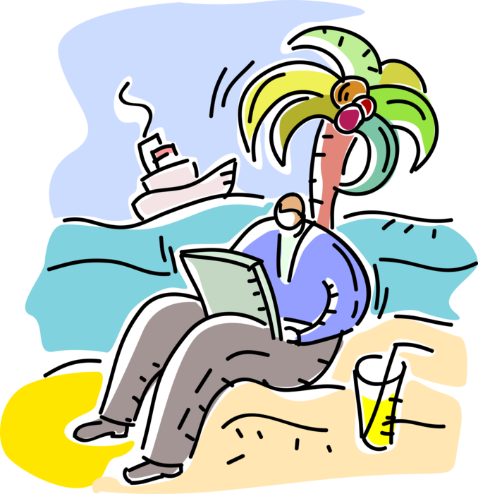 Vector Illustration of Castaway Businessman on Tropical Island Beach with Computer and Cocktail Drink Under Palm Tree