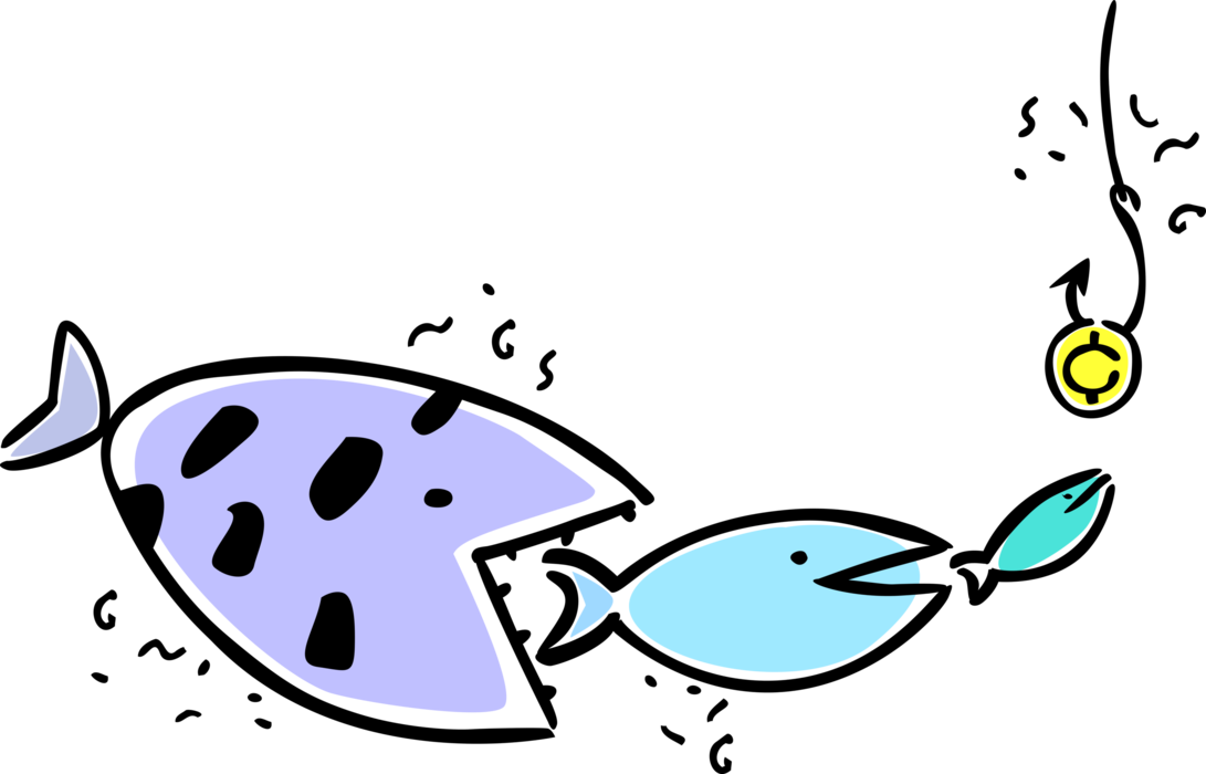 Vector Illustration of Big Fish Eats Smaller Fish Eats Even Smaller Fish with Financial Incentive Baited Fishing Hook