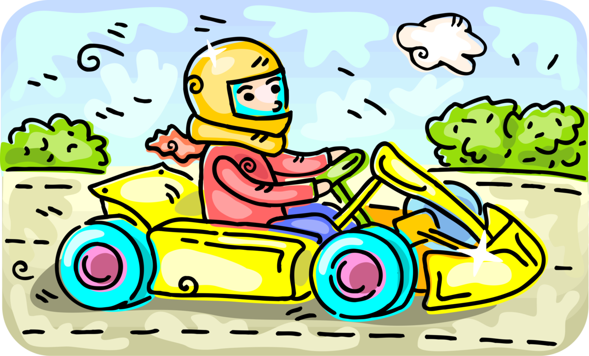 Vector Illustration of Kart Racing Boy Races with Helmet in Open-Wheel Motorsport Go-Cart Motorized Vehicle on Track
