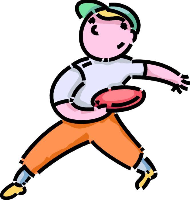 Vector Illustration of Primary or Elementary School Student Boy Plays Outdoors with Frisbee Flying Disk