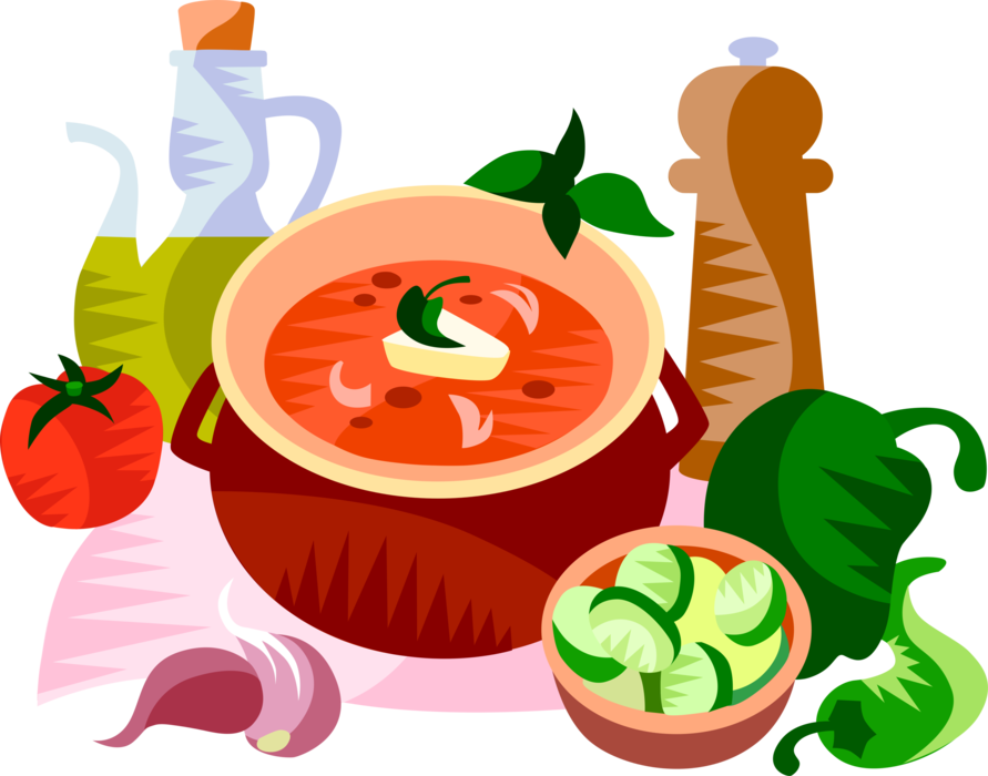 Vector Illustration of European Spanish Cuisine Gazpacho Vegetable Soup