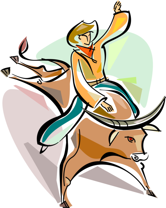 Vector Illustration of Western Cowboy Riding Bronco Bull in Rodeo Competition