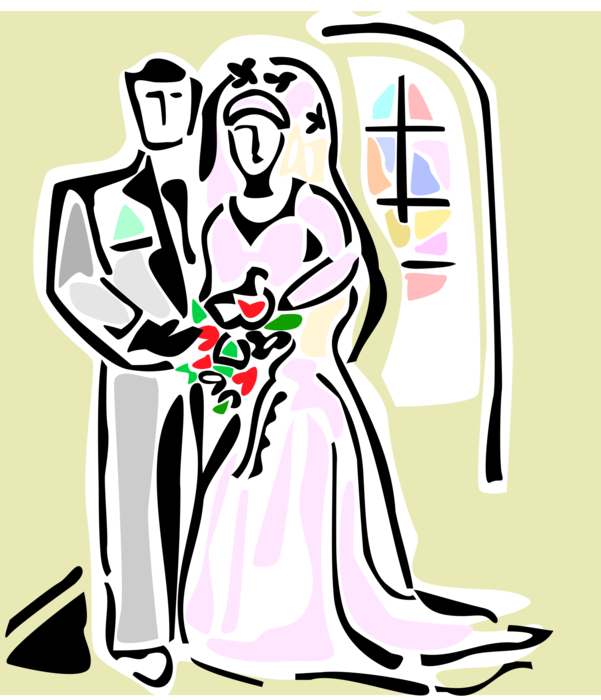 Vector Illustration of Wedding Bride and Groom in Matrimony Ceremony in Church with Flower Bouquet