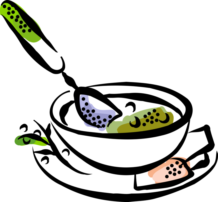 Vector Illustration of Bowl of Soup with Spoon Food Combines Meat, Vegetable Ingredients with Stock Liquids