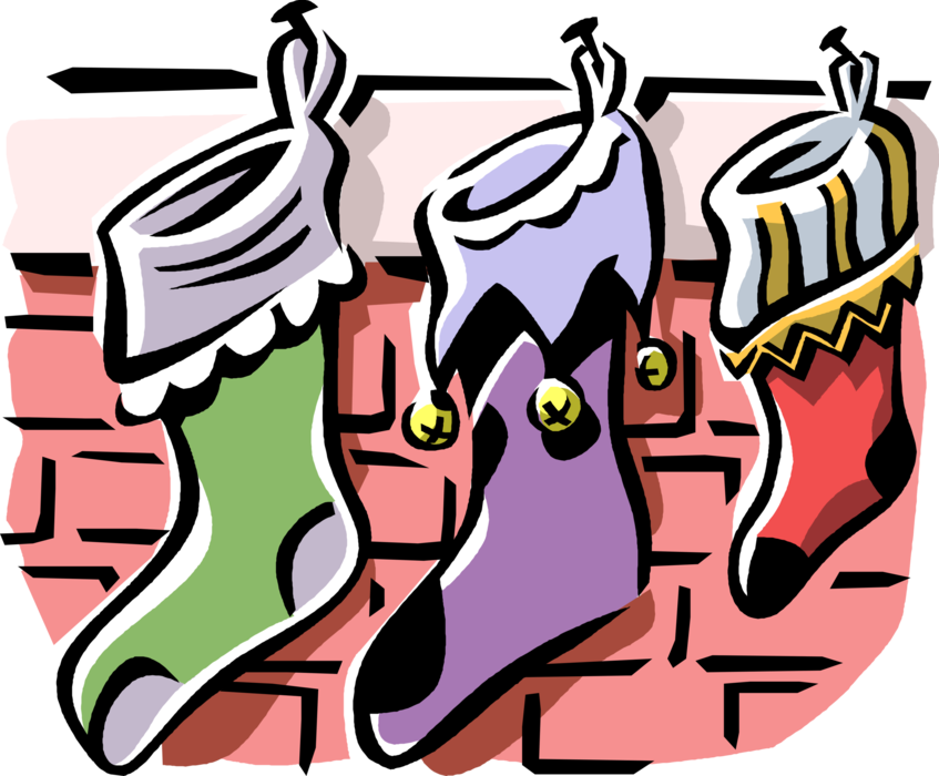 Vector Illustration of Festive Season Christmas Stockings Hanging at Fireplace Hearth