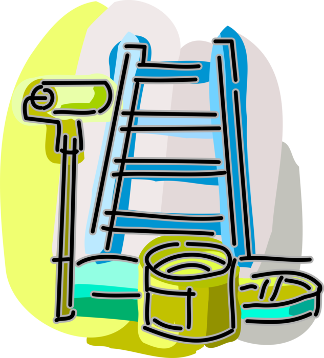 Vector Illustration of Home Renovation and Decoration Step Ladder with Paint Can and Paint Roller Brush