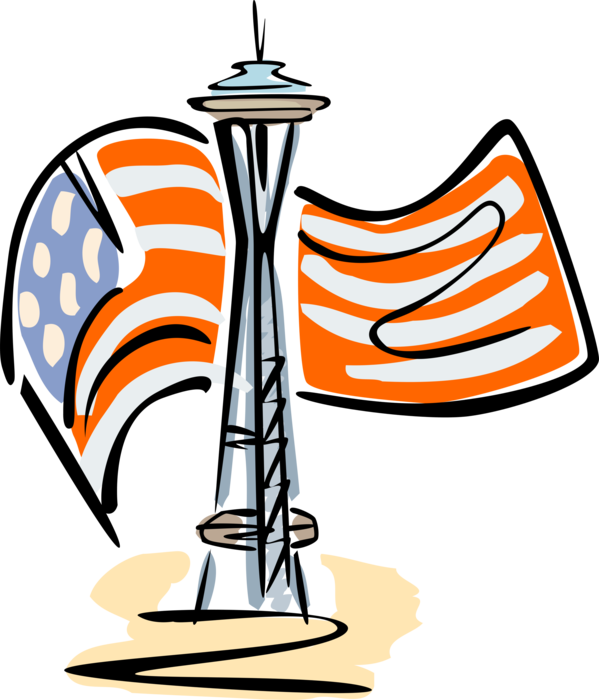 Vector Illustration of Space Needle Landmark Observation Tower, Seattle, Washington with American Flag Stars and Stripes