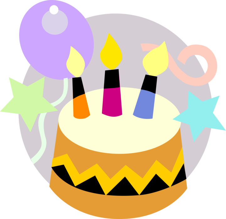 Vector Illustration of Dessert Pastry Birthday Cake with Lit Candles and Party Balloons