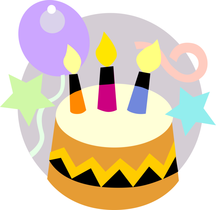 Vector Illustration of Dessert Pastry Birthday Cake with Lit Candles and Party Balloons