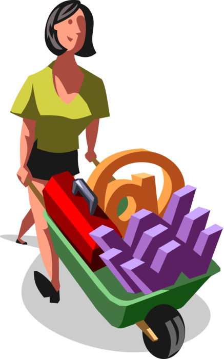 Vector Illustration of Businesswoman Web Manager with Wheelbarrow and Online Internet Tools