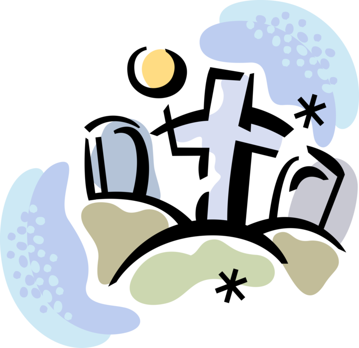 Vector Illustration of Halloween Graveyard with Tombstone Graves and Crosses