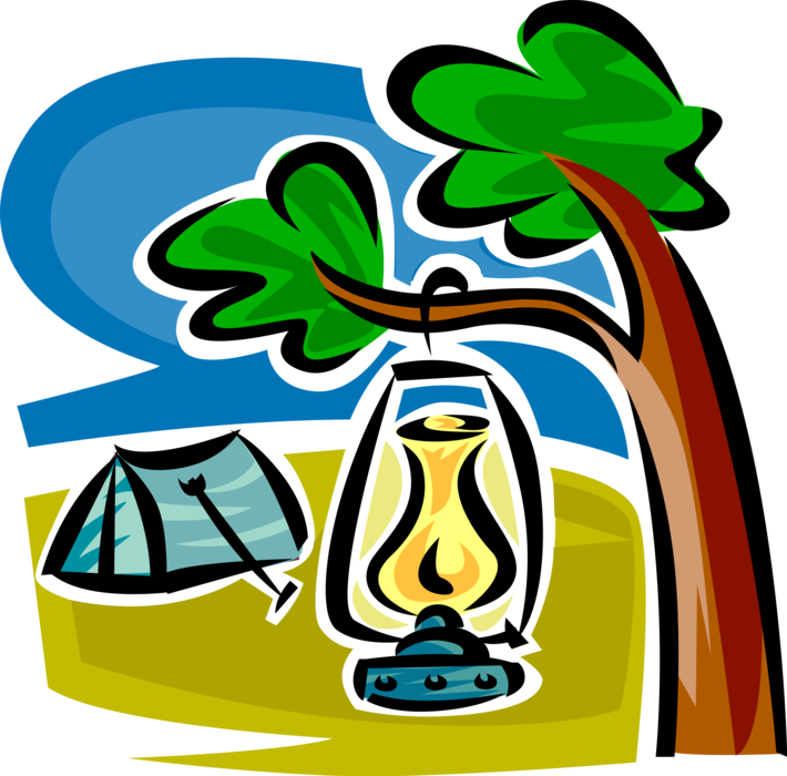 Vector Illustration of Kerosene Oil Lamp Hurricane Lantern Provides Light Hanging in Tree Beside Camping Tent in Campground