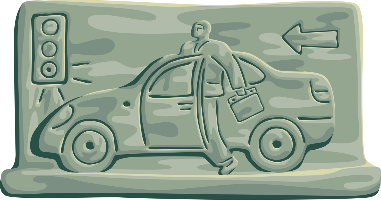 Vector Illustration of Businessman Motorist Driver Stops Automobile Motor Vehicle Car at Traffic Light Stoplight