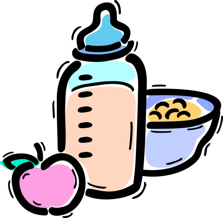 Vector Illustration of Newborn Infant Baby Formula Bottle with Pablum Processed Cereal Bowl and Fruit Apple