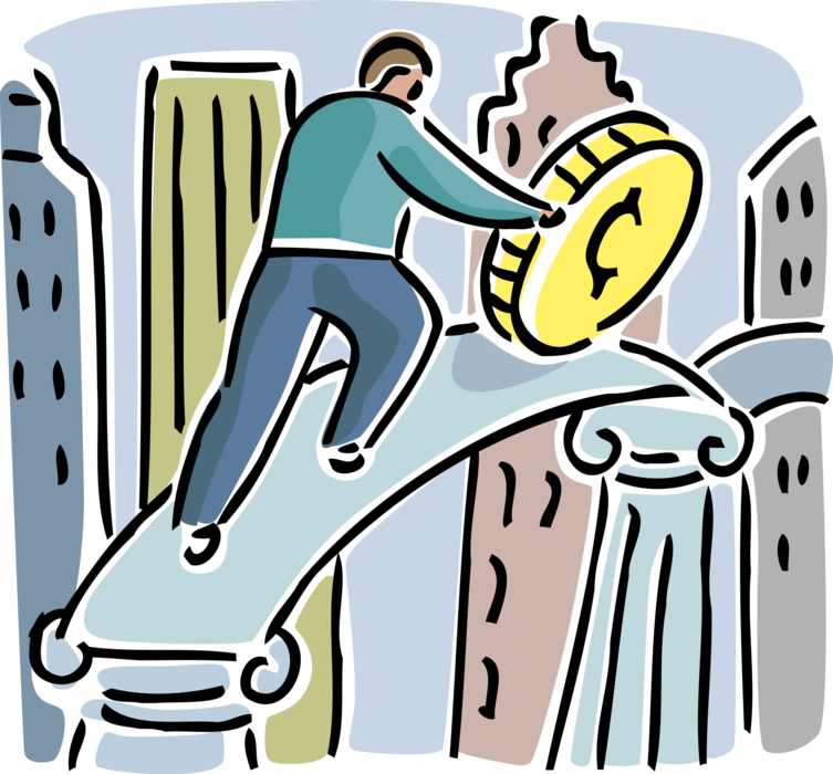 Vector Illustration of Businessman Rolls Financial Investment Money Coin to Greater Prosperity and Wealth