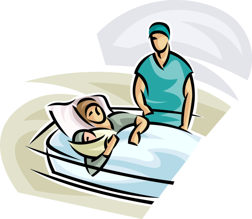 Vector Illustration of New Mother in Hospital Bed with Newborn Infant Baby After Giving Birth