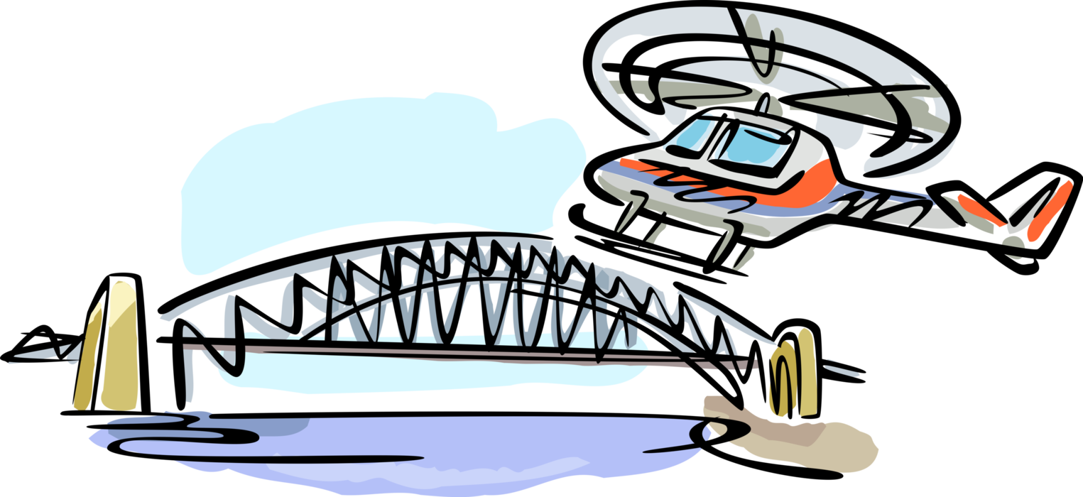 Vector Illustration of Suspension Bridge with Helicopter Rotorcraft Applies Lift and Thrust Supplied by Rotors