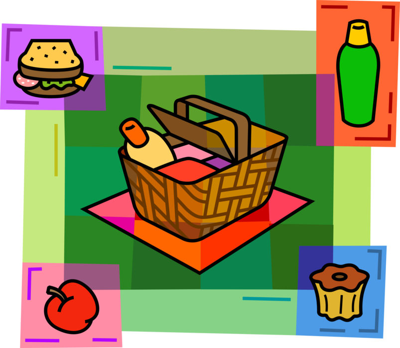 Vector Illustration of Picnic Basket or Picnic Hamper Food with Sandwiches, Apple and Cake and Beverage Drink