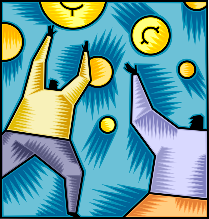 Vector Illustration of Business Colleagues Chase Corporate Financial Objectives and Goals with Cash Money Profit Coins
