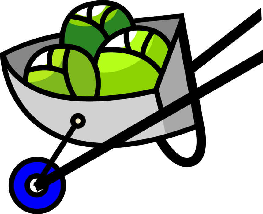 Vector Illustration of Hand-Propelled Wheelbarrow for Carrying Loads with Garden Vegetable Cabbages