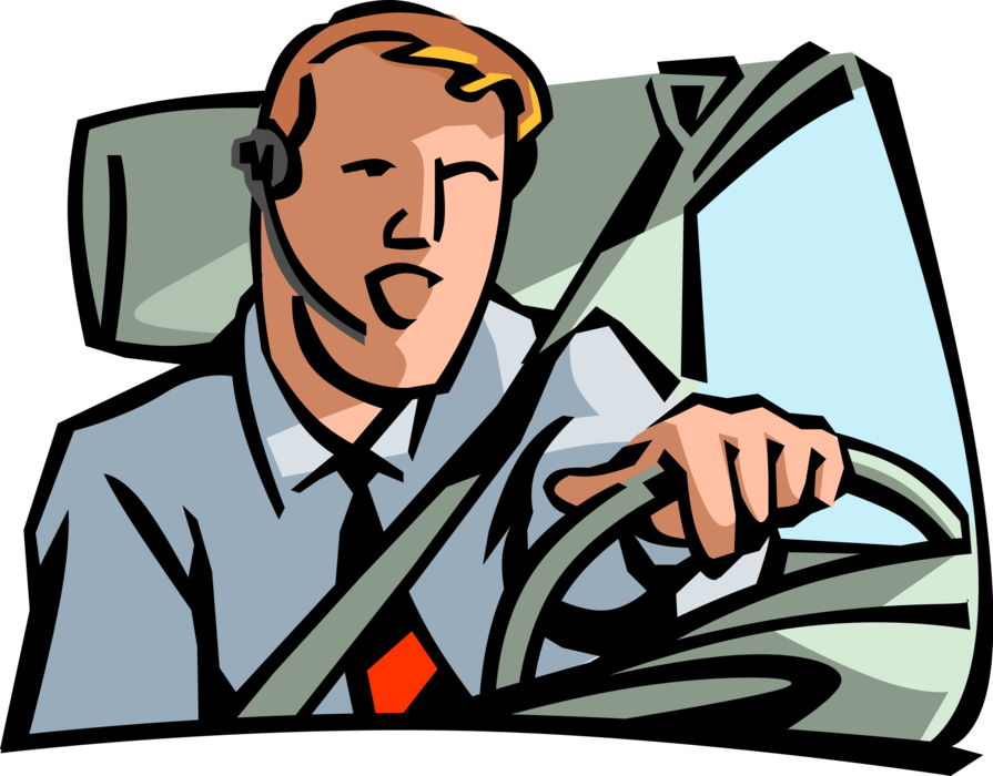 Vector Illustration of Businessman Drives Automobile Car with Bluetooth Headset in Conversation on Mobile Smartphone Phone