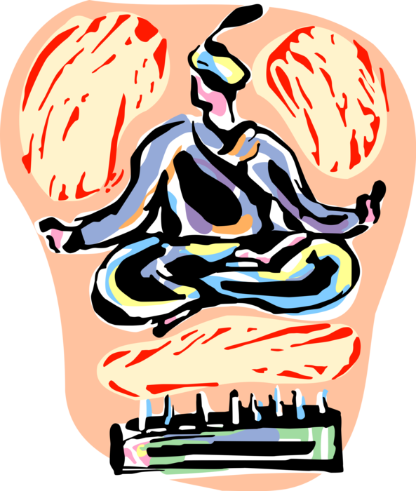 Vector Illustration of Big Top Circus Swami Ascetic or Yogi Performer Levitates While Sitting on Bed of Nails