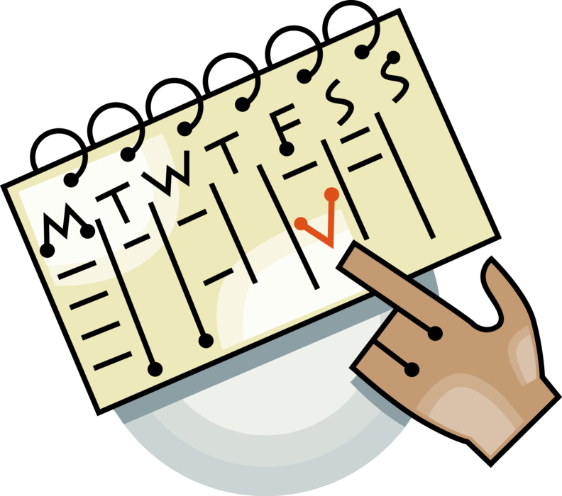 Vector Illustration of Hand Points to Calendar that Organizes Days for Social, Religious, Commercial or Administrative Purpose