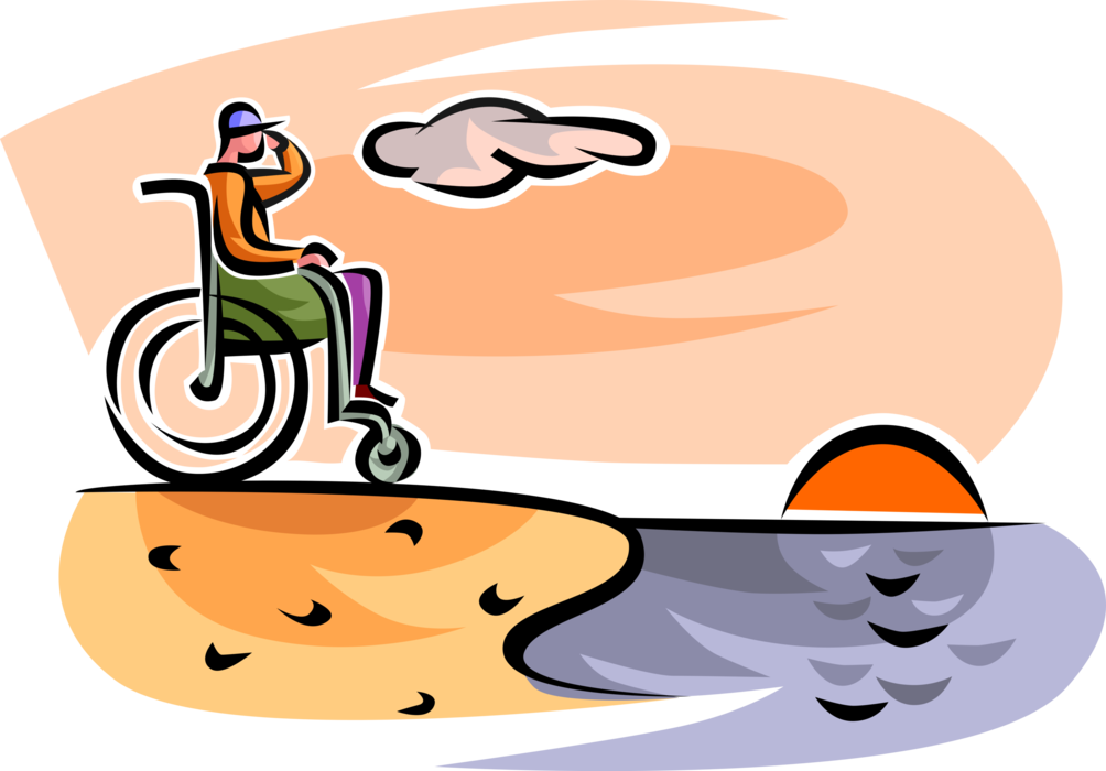 Vector Illustration of Handicapped or Disabled Nature Lover in Wheelchair Watches Sunset from Seashore