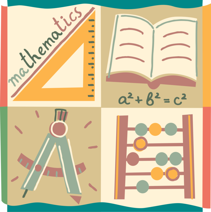 Vector Illustration of School Mathematics with Triangle Ruler, Textbook Schoolbook, Abacus and Geometry Compass