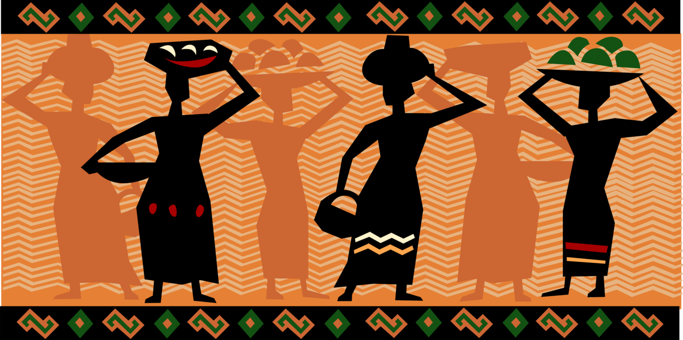 Vector Illustration of African Native Women Carry Food for Celebration Feast