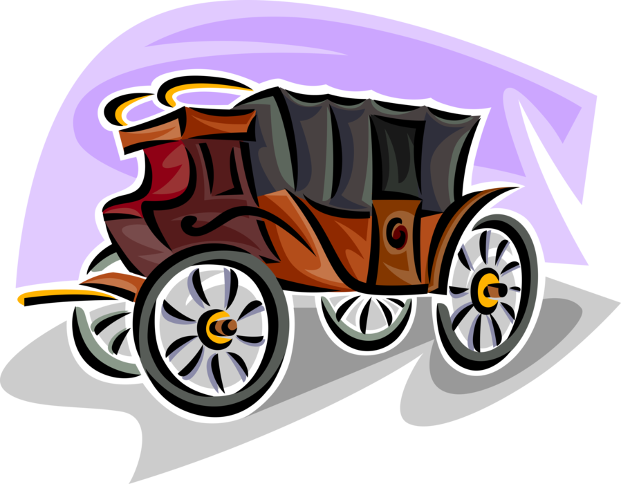 Vector Illustration of Vintage Horse-Drawn Stagecoach Carriage Carries Passengers