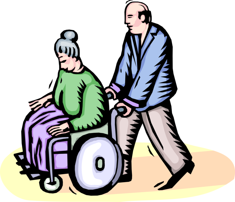 Vector Illustration of Husband Pushes Elderly Woman Wife in Handicapped or Disabled Wheelchair