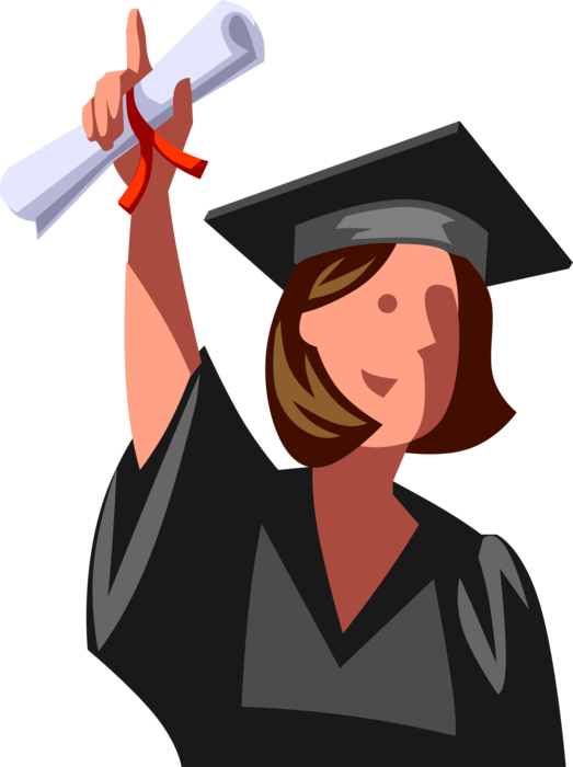 Vector Illustration of High School, College or University Student Graduate in Mortarboard Cap and Gown with Diploma Degree