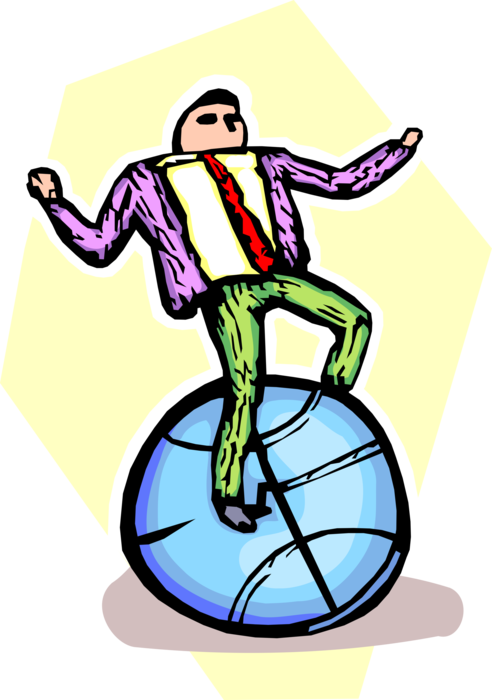 Vector Illustration of Businessman on Top of the World Balances on Earth Globe