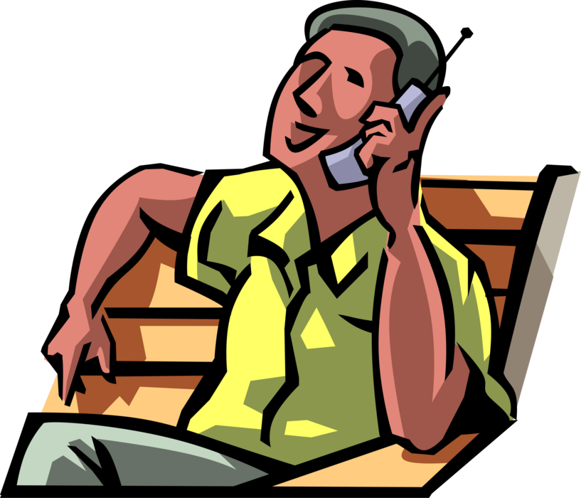 Vector Illustration of Man Sits on Bench in Conversation Talking on Mobile Cell Phone Telephone
