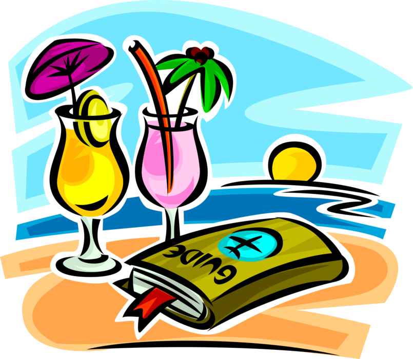 Vector Illustration of Vacation Travel Guide and Alcohol Beverage Cocktails on Beach with Sunset