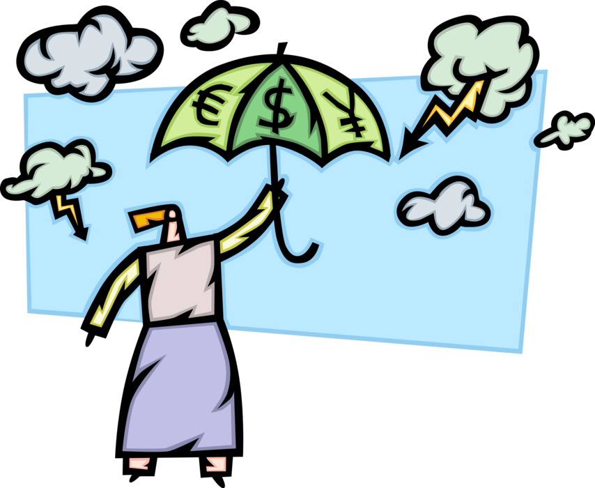 Vector Illustration of Businesswoman Has Financial Risk Insurance Umbrella Protecting from Lightning Strikes from Storms